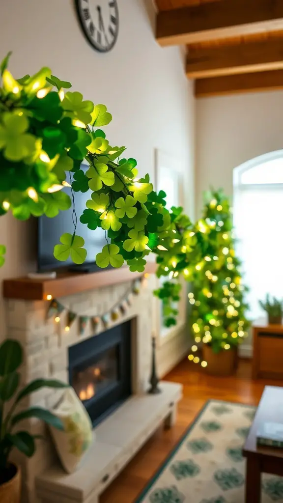 A cozy living room decorated with a shamrock garland and soft lighting.