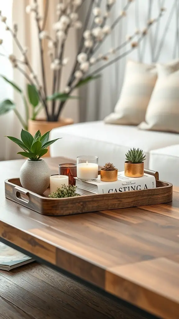 A wooden tray on a coffee table with plants, candles, and a book, creating a cozy decor arrangement.