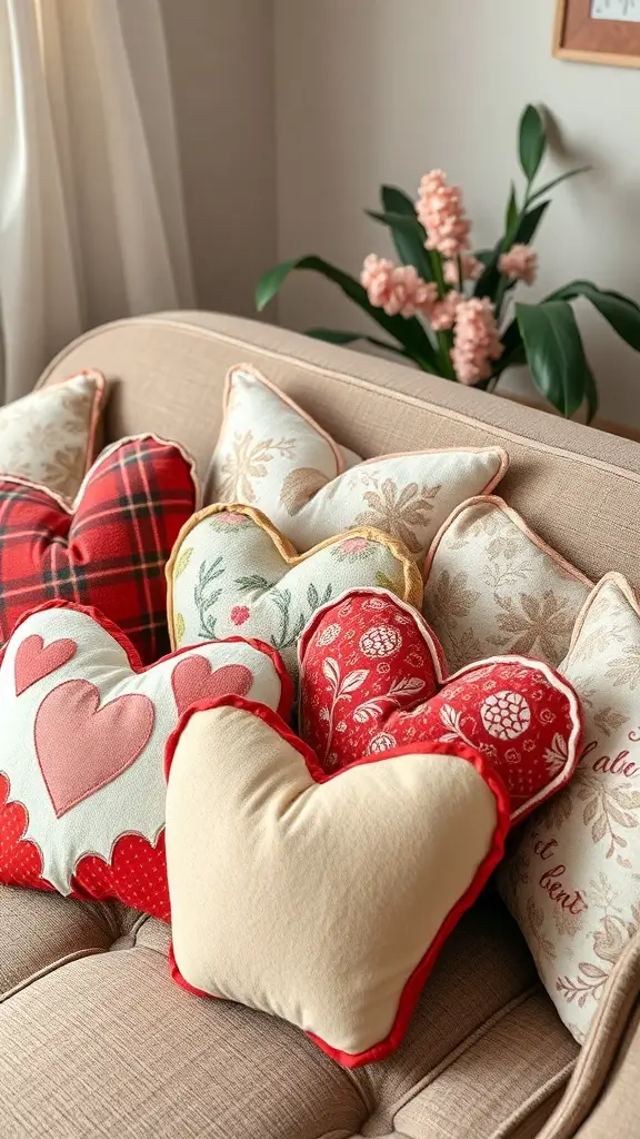 27+ Creative Valentine's Crafts for Adults to Ignite Romance 10 A collection of colorful fabric heart pillows on a couch, showcasing various designs and patterns.
