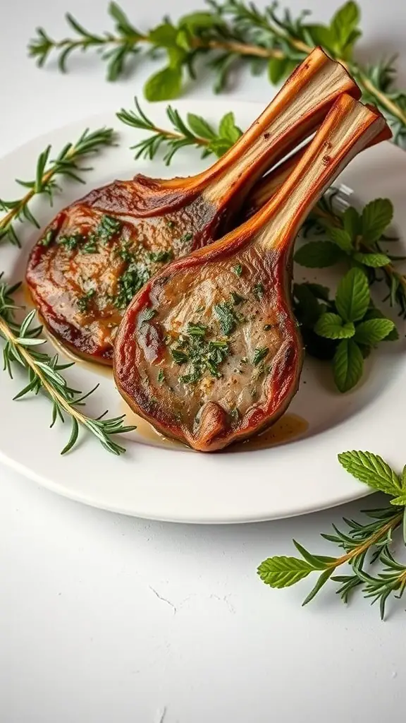 Two herb-crusted lamb chops garnished with fresh herbs on a white plate.