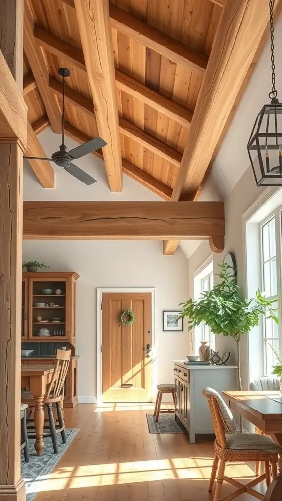 Interior of a farmhouse with rustic wood accents, featuring wooden beams and furniture.