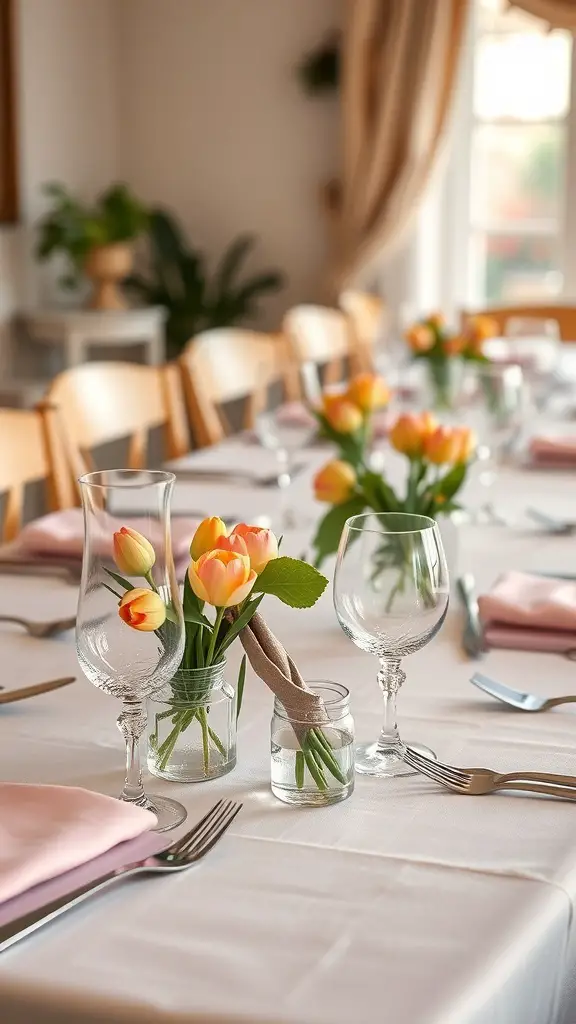 A beautifully set dining table with tulips and elegant glassware for spring decor.