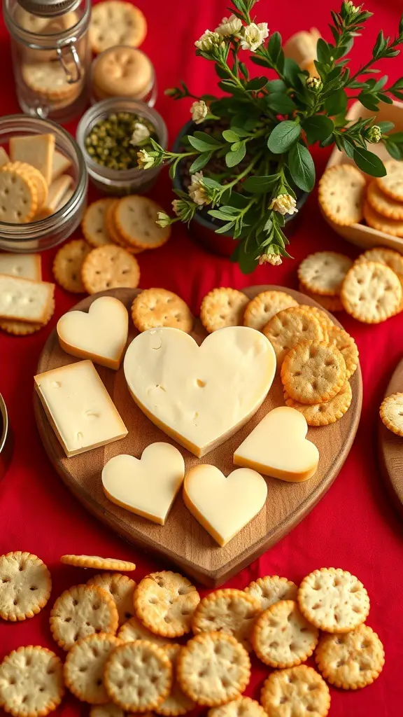 Heart-shaped cheese slices on a wooden platter with crackers and a small plant in the background.