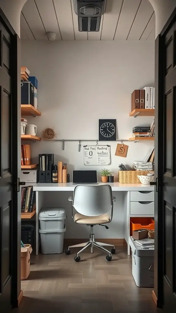A small home office nook with a desk, shelves, and organized storage.