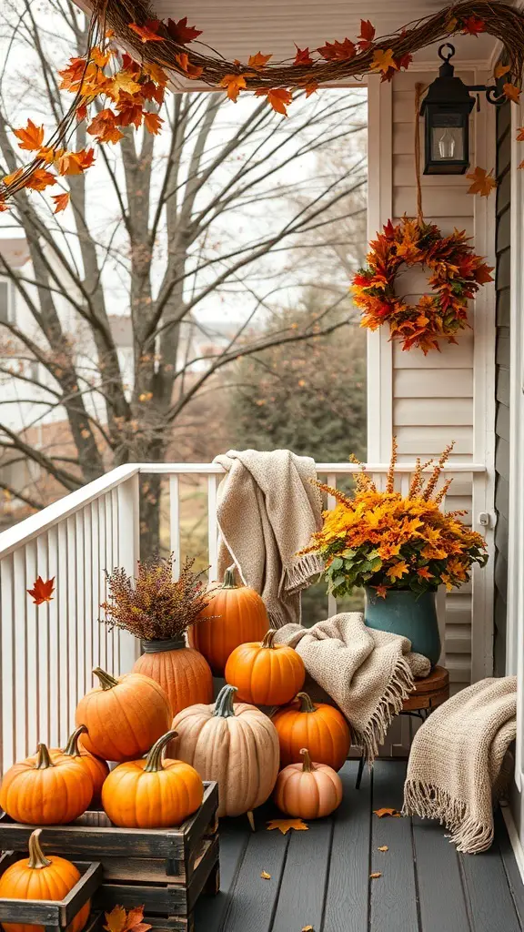 A cozy balcony decorated for fall with pumpkins, flowers, and autumn leaves.