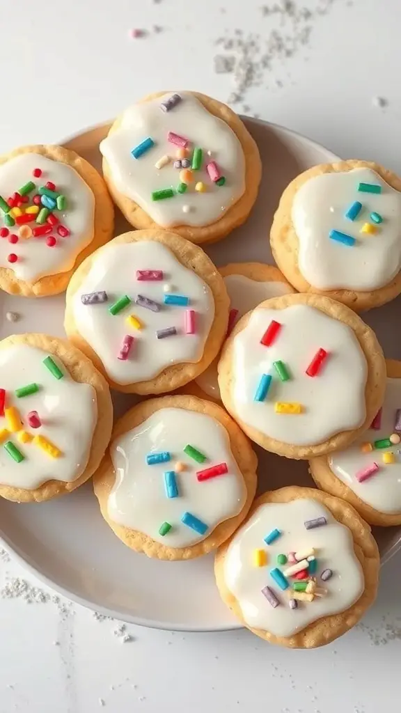 Plate of vegan sugar cookies with almond icing and colorful sprinkles
