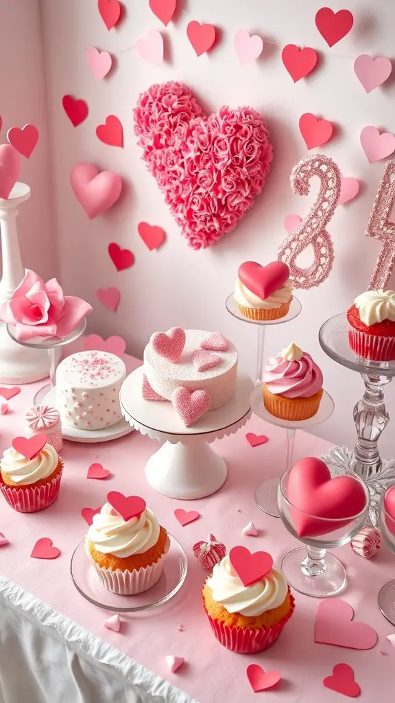 A beautifully arranged dessert table with heart-themed treats for Valentine's Day.
