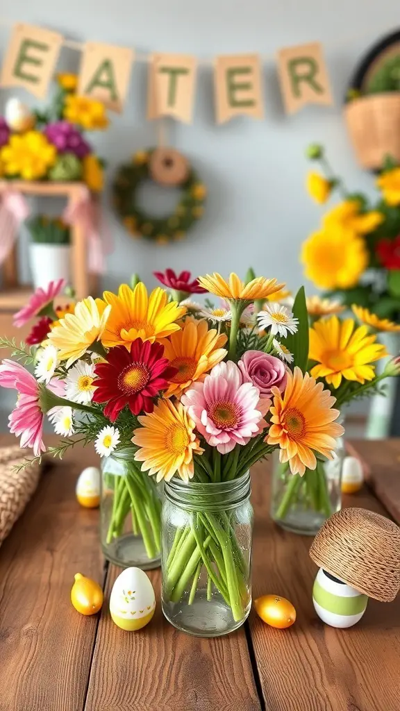 Colorful mason jar flower arrangements with daisies and gerberas on a wooden table, surrounded by decorative Easter eggs.