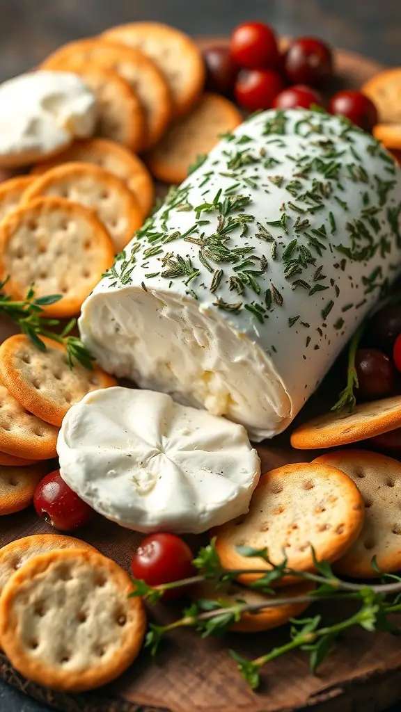51+ Creative Easter Charcuterie Board Ideas 10 A herbed goat cheese log surrounded by crackers and cherry tomatoes on a wooden platter.
