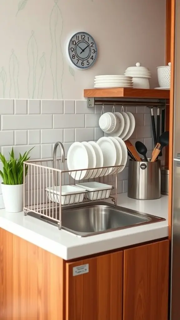 A modern kitchen with a space-saving dish drying rack over the sink, featuring neatly arranged plates and a small plant.