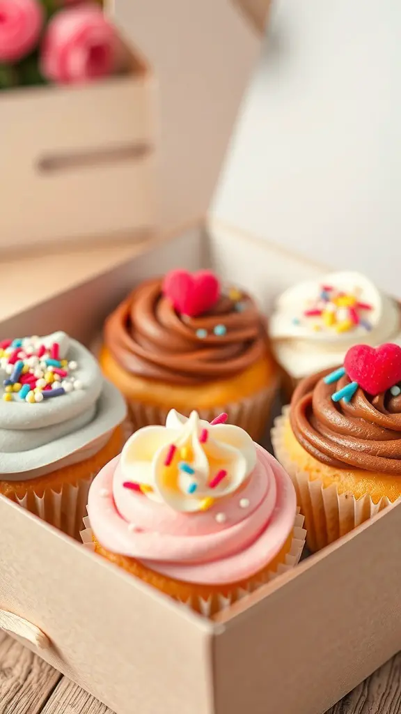 27+ Creative Sweet Box Ideas for Valentine's Day 12 A box filled with colorful cupcakes topped with frosting and sprinkles.