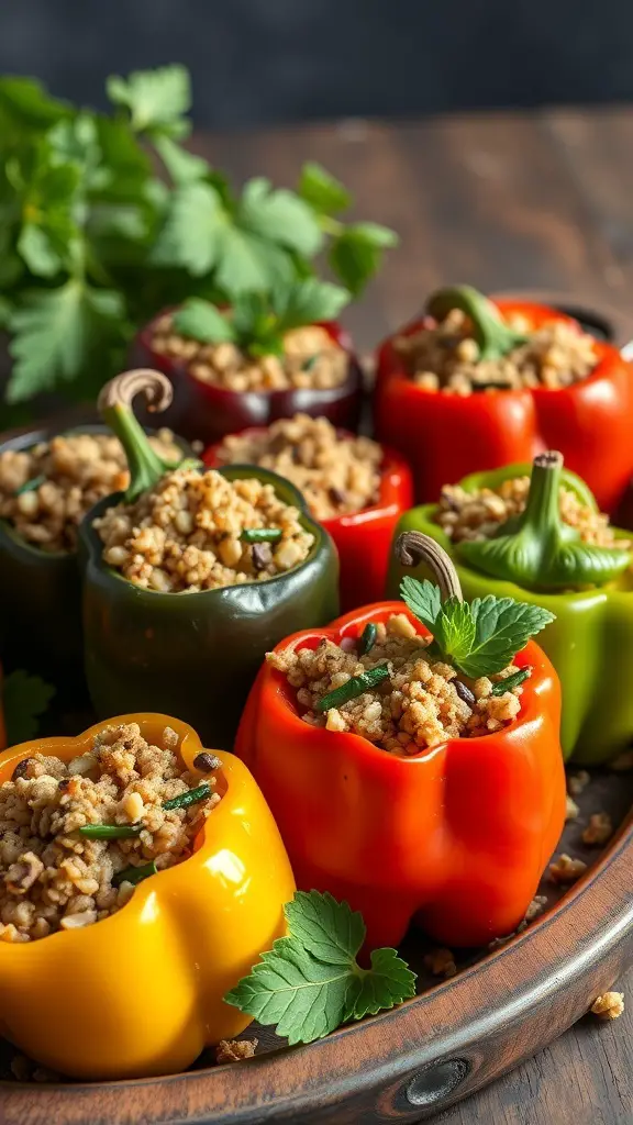 A platter of colorful vegetable stuffed peppers filled with a savory mixture.