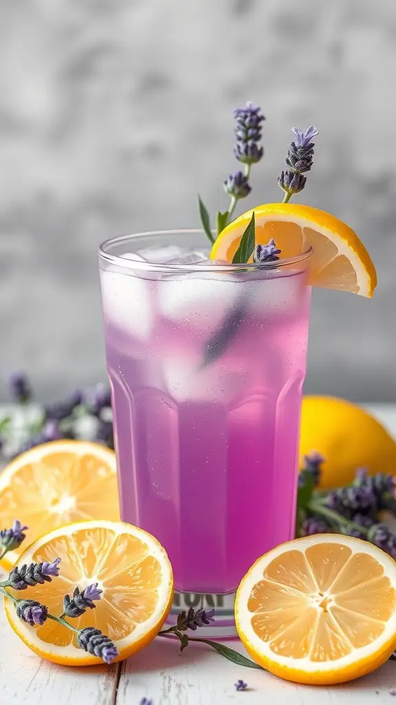 A glass of lavender lemonade with lemon slices and lavender sprigs, surrounded by fresh lemons.