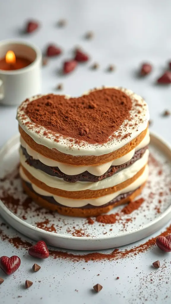 A heart-shaped tiramisu cake with layers of sponge and cream, dusted with cocoa powder, surrounded by heart-shaped decorations.