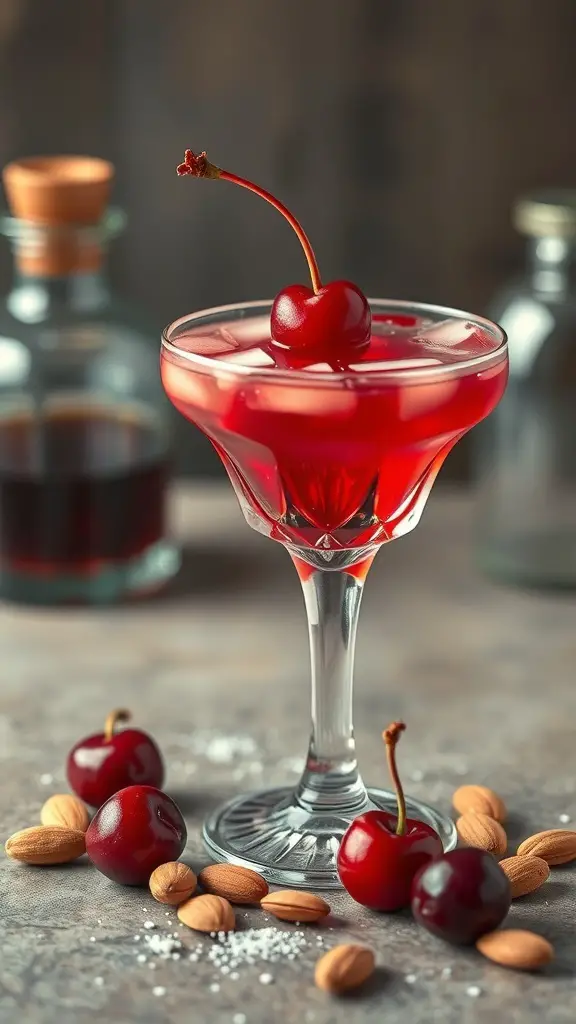A vibrant Cherry Almond Bliss cocktail in a glass, garnished with a cherry, surrounded by fresh cherries and almonds.
