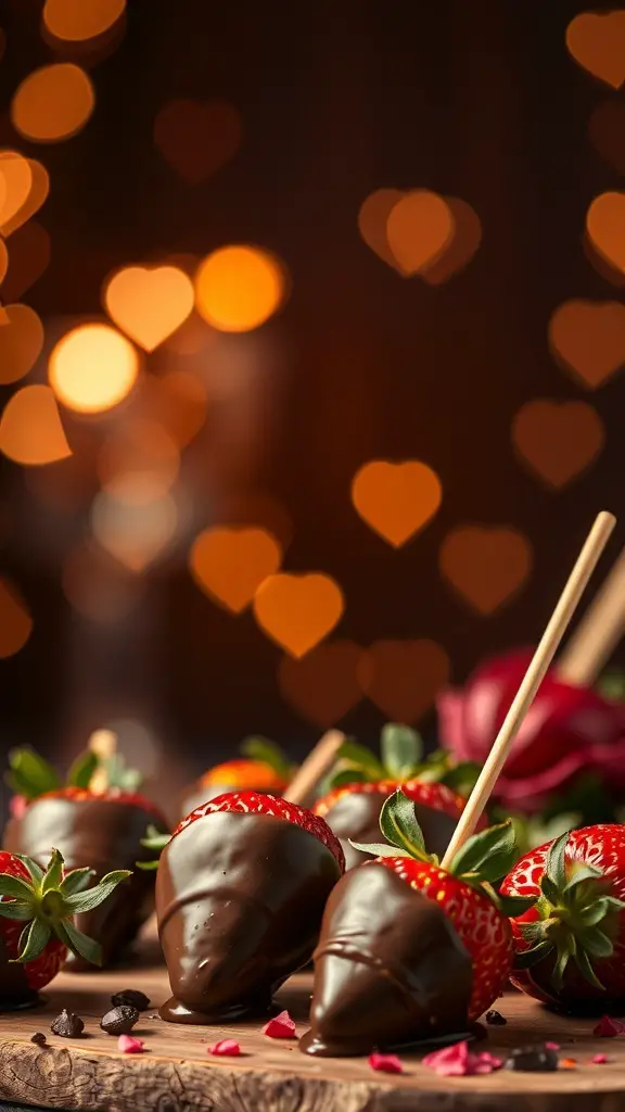 Chocolate-covered strawberry skewers with a romantic background