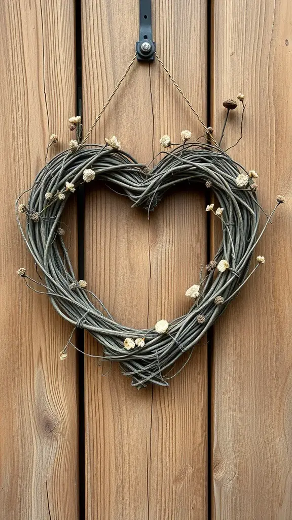 A rustic heart-shaped wreath made of twigs and dried flowers, hanging on a wooden wall.