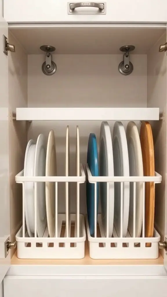 Organized kitchen cupboard with vertical dividers for baking sheets