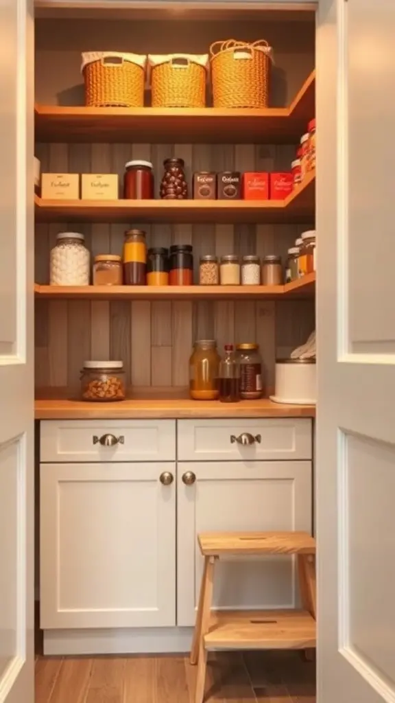 A well-organized closet pantry featuring a small wooden step stool for accessibility.