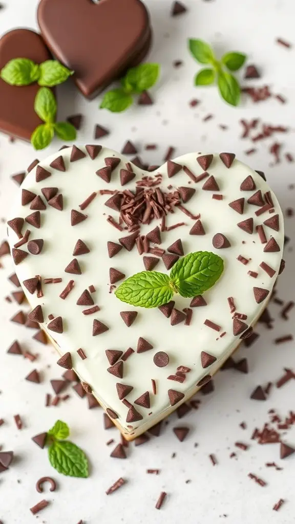 A heart-shaped mint chocolate chip cake decorated with chocolate chips and fresh mint leaves.