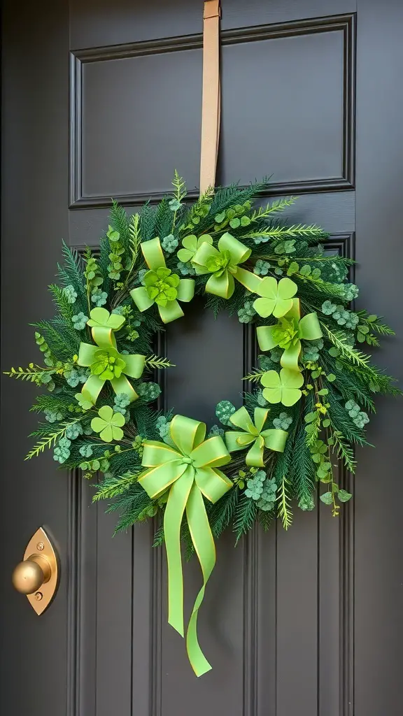 A green St. Patrick's Day wreath with bows and shamrocks hanging on a door