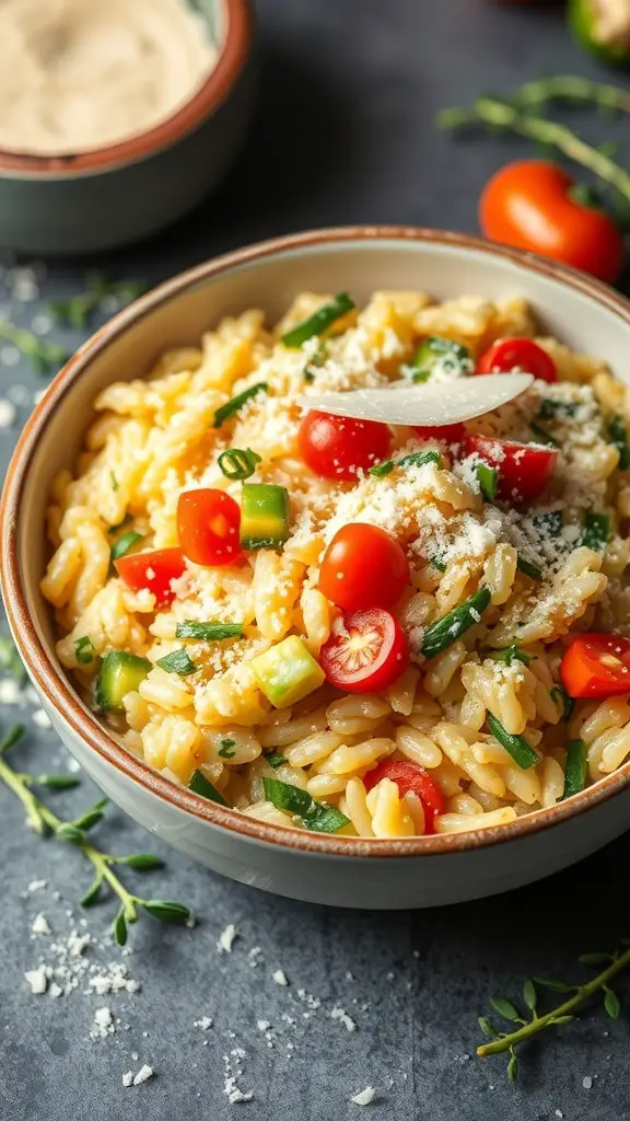 A bowl of vegetable risotto topped with Parmesan cheese and cherry tomatoes.