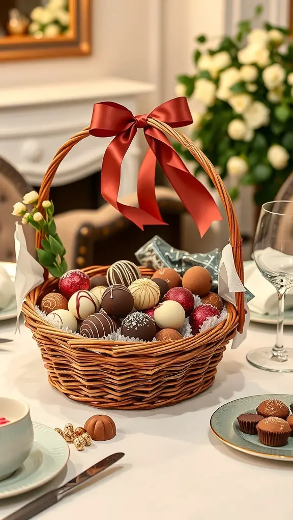 23+ Creative Valentine's Day Basket Ideas 3 A beautifully arranged basket filled with assorted gourmet chocolates, tied with a red ribbon.