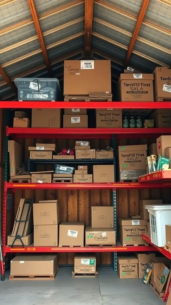 Overhead storage racks in a shed filled with boxes and organized items