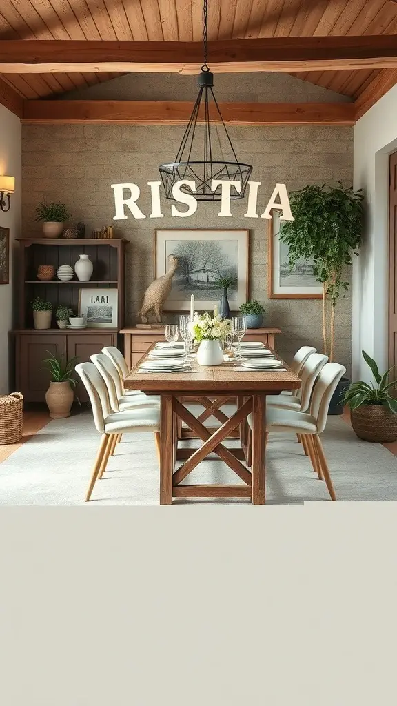 A rustic dining area with a wooden table, light fixtures, and plants, showcasing earthy color palettes.