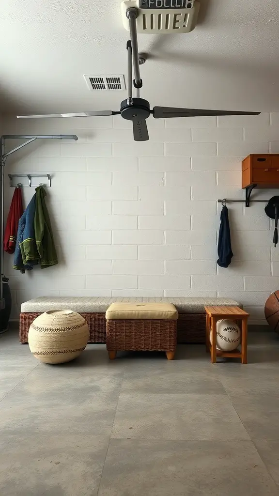 A garage with a bench, storage ottoman, and wall hooks for organizing sports equipment.