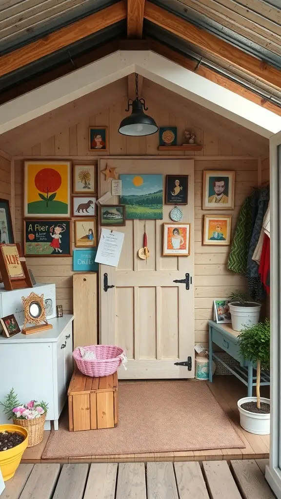 A cozy she shed interior with artwork on the walls, a wooden door, and decorative plants.