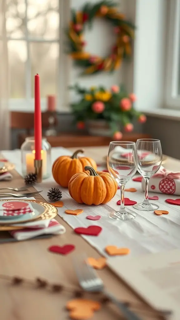 A beautifully set Valentine's table with pumpkins, candles, and heart decorations.