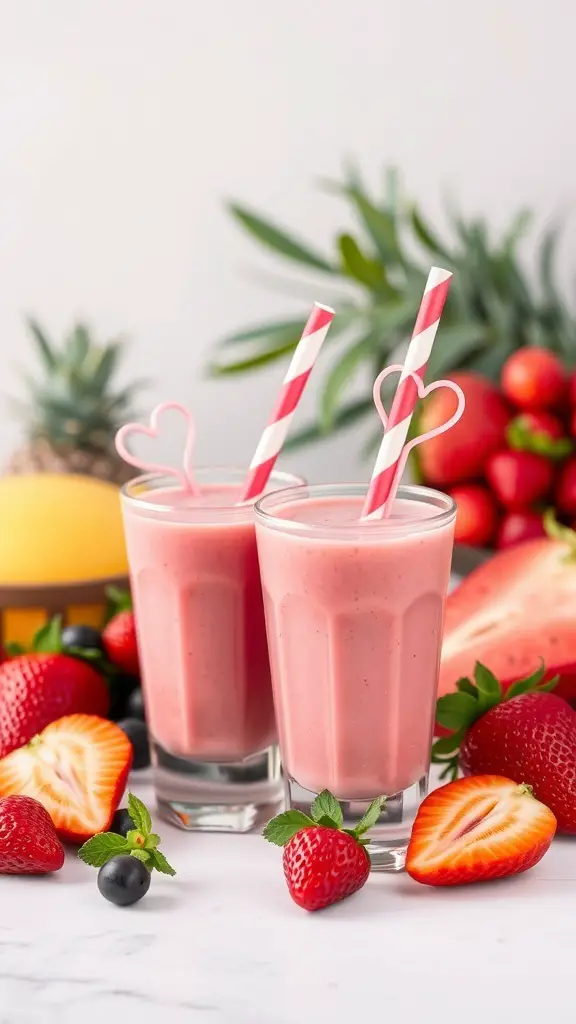 Two pink smoothies in glasses with heart-shaped straws, surrounded by fresh strawberries and blueberries.