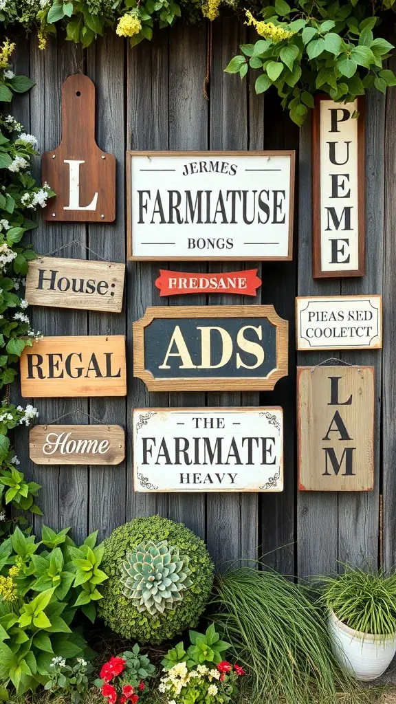 A collection of vintage farmhouse signs hanging on a wooden wall, surrounded by greenery and flowers.