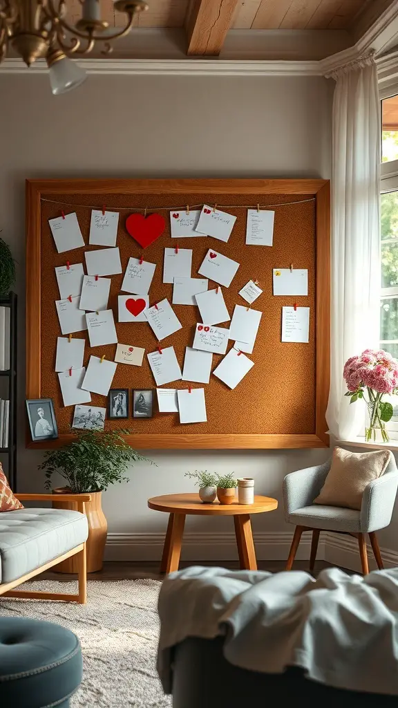 A cozy living room with a corkboard displaying love letters and notes, decorated with red hearts.