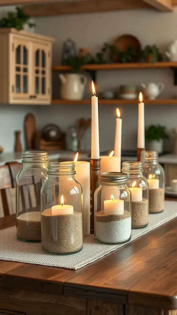 A collection of vintage glass jars with candles and sand, arranged on a wooden table.