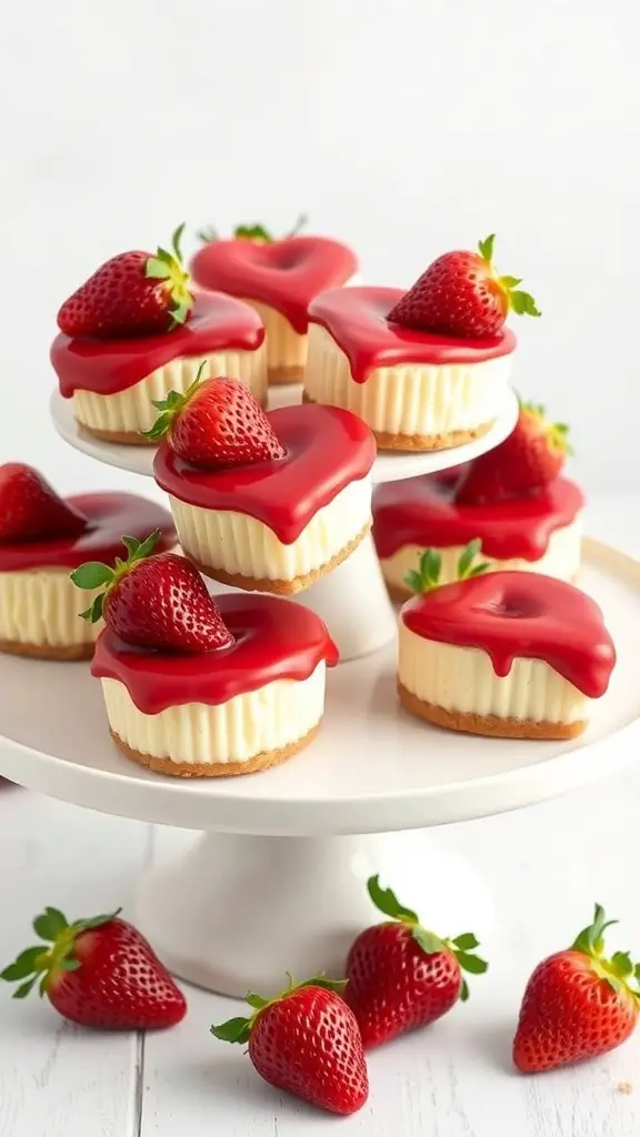 29+ Irresistible Valentine Dessert Ideas You Need to Try 3 Heart-shaped cheesecakes topped with strawberry glaze and fresh strawberries on a white cake stand.