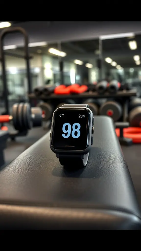A fitness tracker displayed on a gym bench with weights in the background.