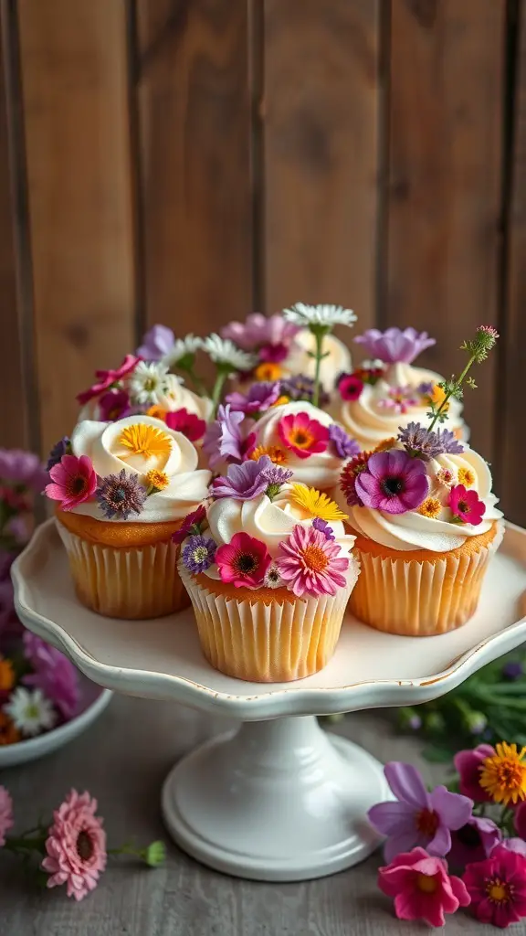 A beautiful display of wildflower cupcakes topped with colorful edible flowers on a white cake stand.