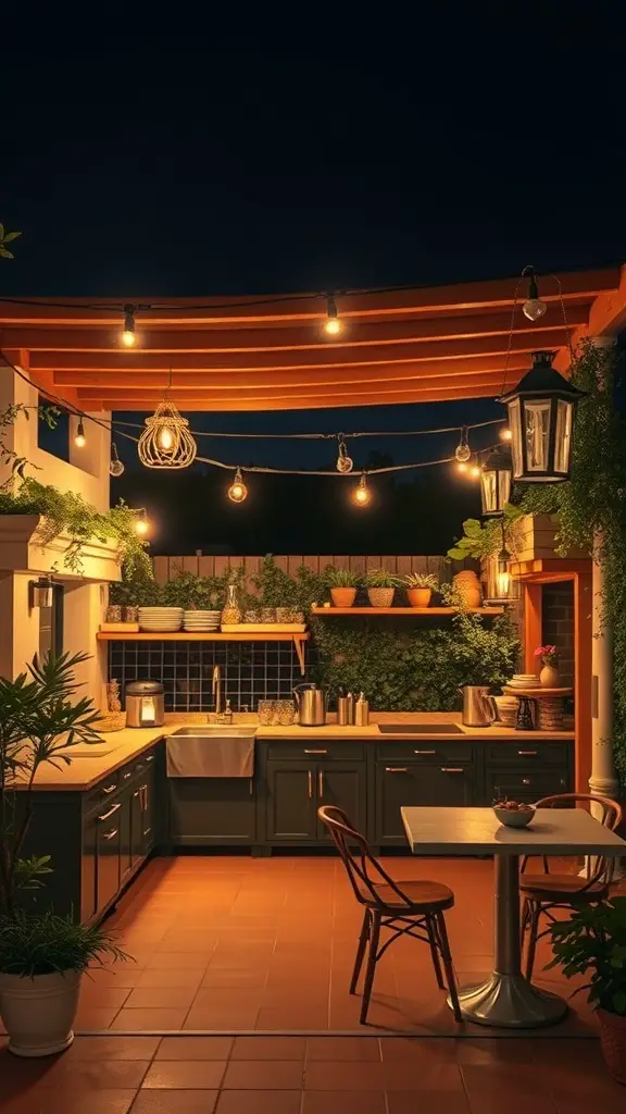 A cozy terrace kitchen illuminated with warm lights, featuring plants and a dining area.