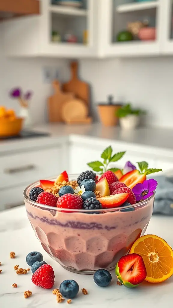 A colorful berry smoothie bowl topped with fresh fruits and granola, set in a bright kitchen.