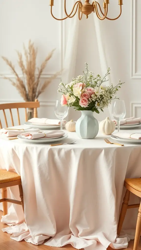 A chic Easter table setting with a blush tablecloth, elegant plates, and a floral centerpiece.