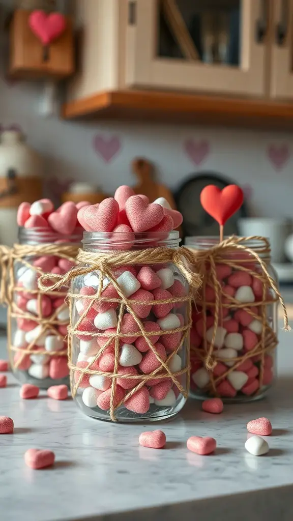 Three twine-wrapped jars filled with heart-shaped candies on a kitchen counter.