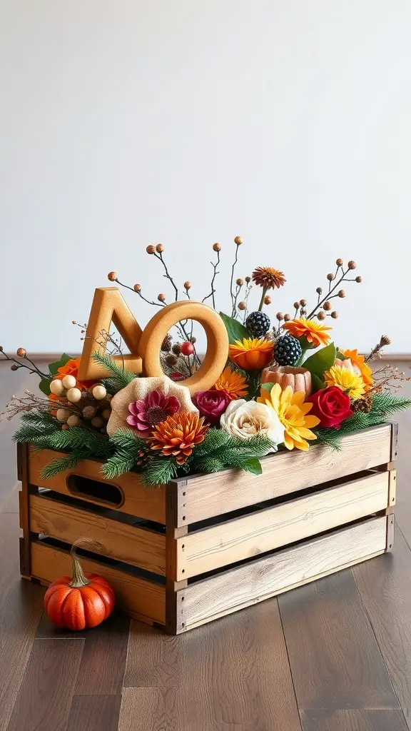 A rustic wooden crate filled with colorful flowers and decorative elements for a farmhouse style centerpiece.