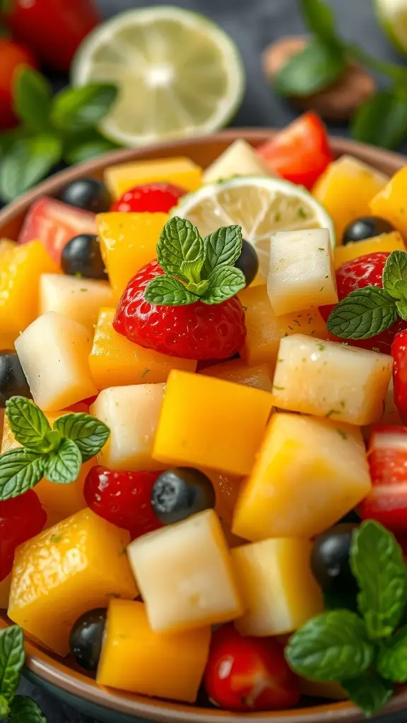 49+ Delicious Spring Breakfast Ideas to Brighten Your Morning 11 A colorful fruit salad with strawberries, mango, blueberries, and mint leaves, garnished with lime slices.