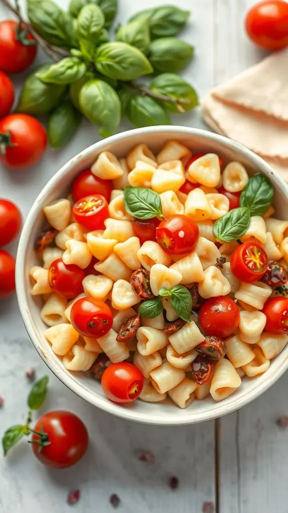 A bowl of heart-shaped pasta salad with cherry tomatoes and basil