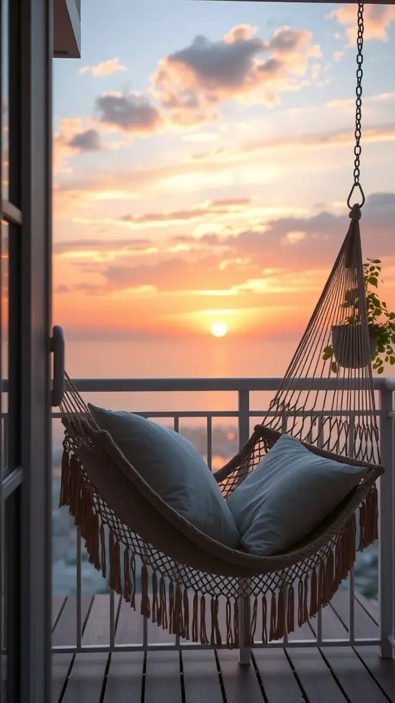 A hammock on a balcony with a sunset view