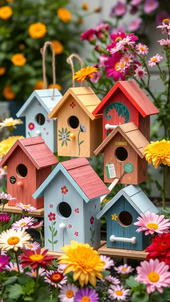 Colorful decorative birdhouses surrounded by flowers in a garden setting.