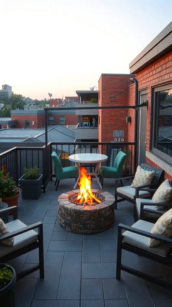 A cozy balcony with a stone fire pit surrounded by chairs and plants.