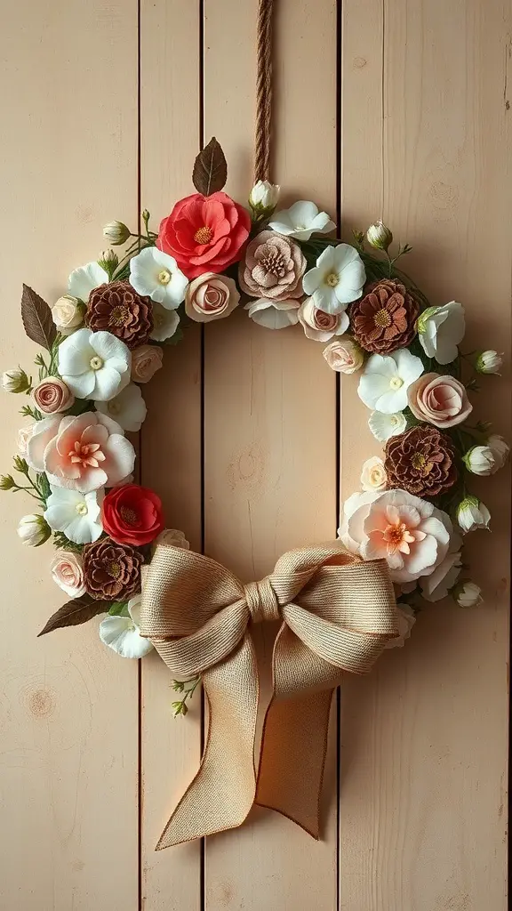 A vintage floral fabric wreath with pastel and earthy tones, featuring various fabric flowers and a natural fabric bow.